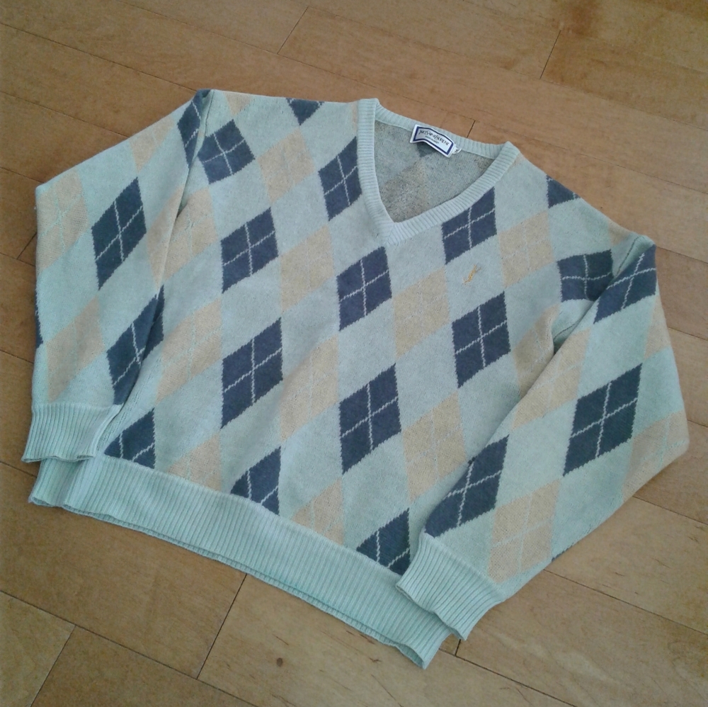 Yves Saint Laurent Argyle Sweater YSL Pullover merino wool jumper V neck men's M - Picture 4 of 7